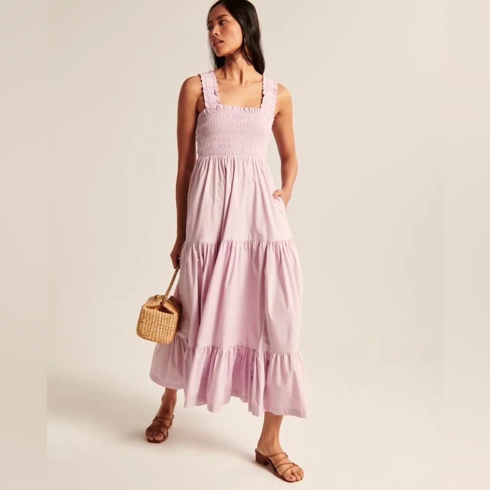 Abercrombie & Fitch Lavender Purple Tiered Maxi Dress Smocked Ruffle Straps SP